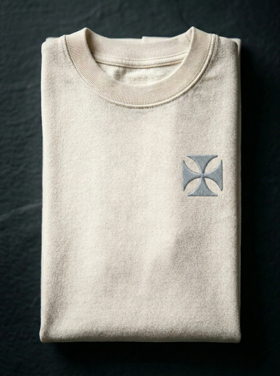 Camiseta de Autor corte oversize: Arquitectura de volumen - Bordado de cruz maltesa