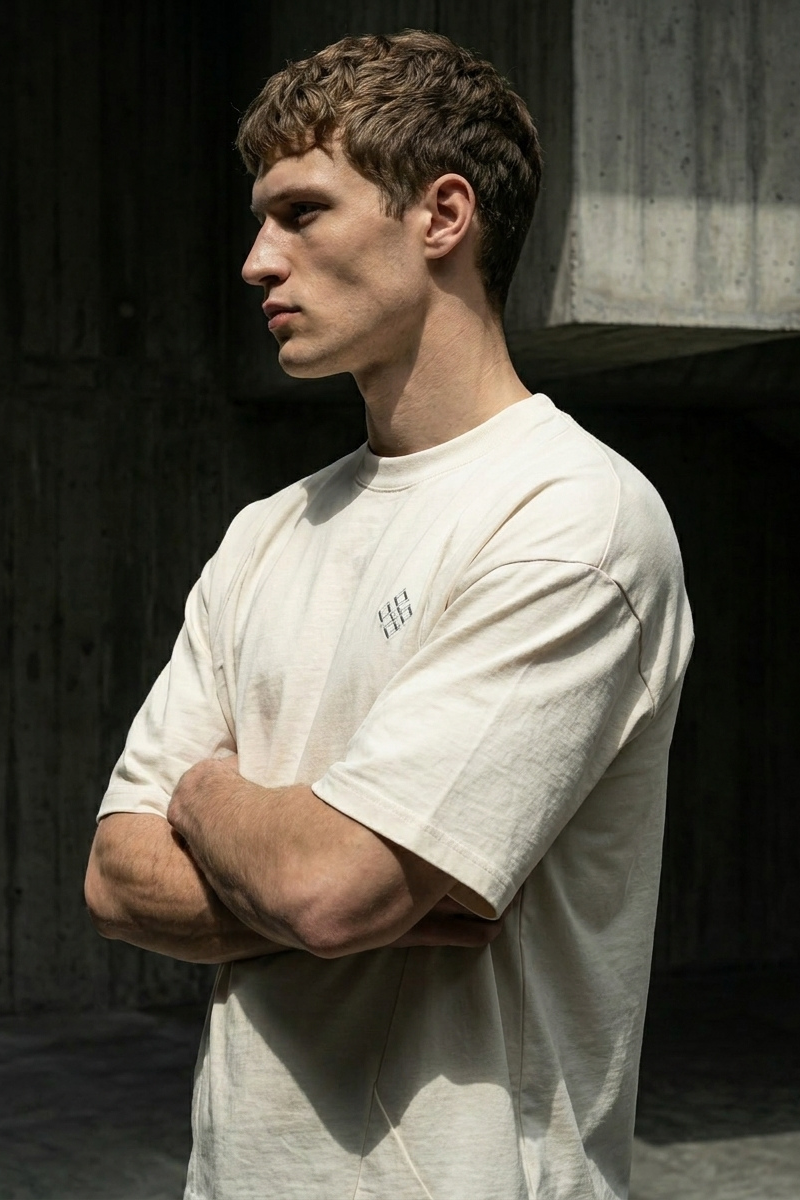 Camiseta de Autor corte oversize: Arquitectura de volumen - Bordado de cruz cuadrada